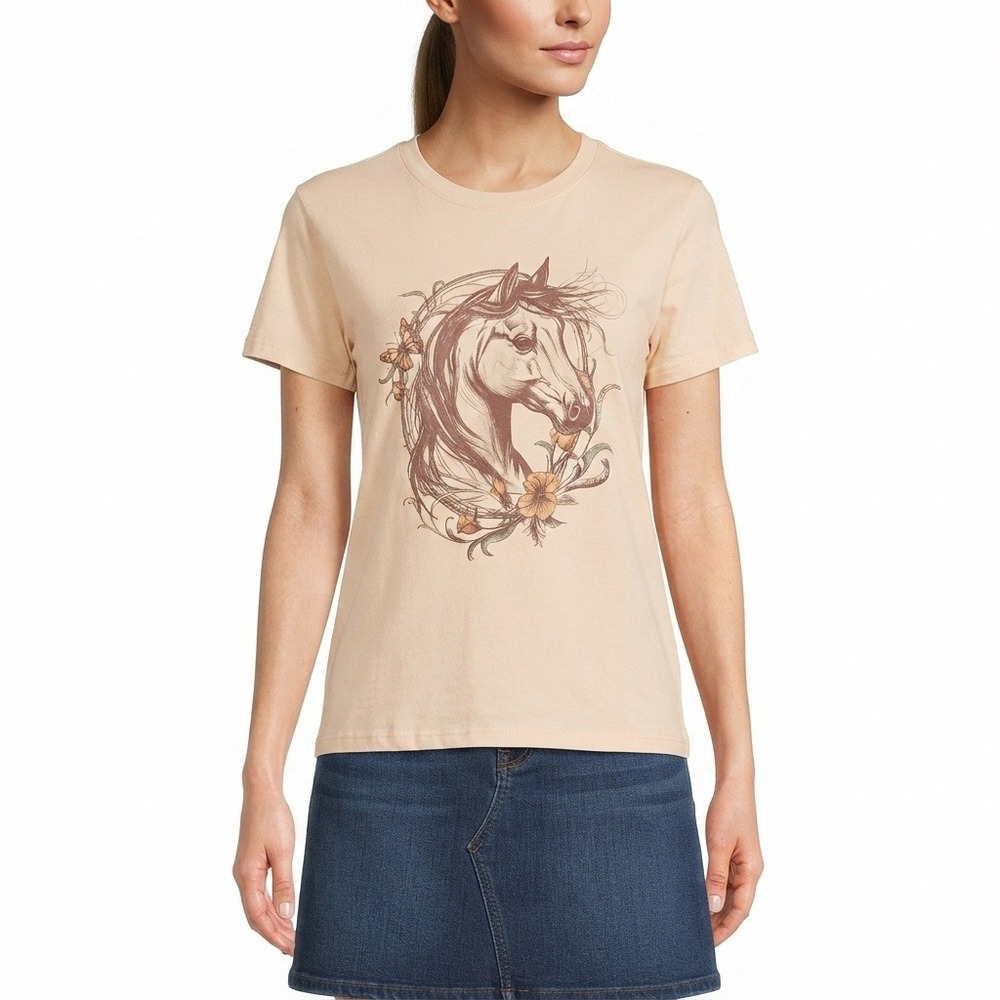 Cat & Jack Shirt Girls large 10 12 Horse Graphic Tee Peach Cotton Oversized
